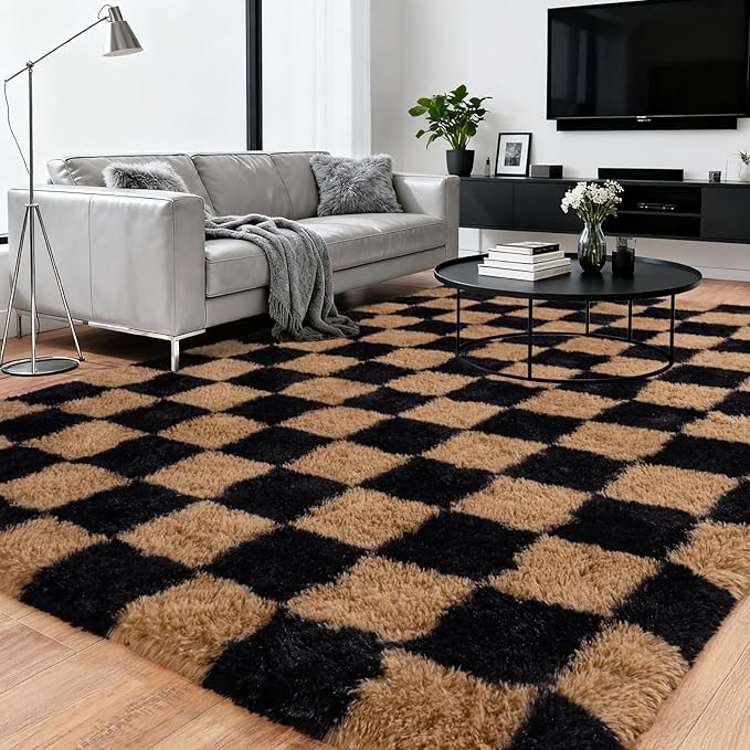 Upgrade Non-Slip Plush Rugs for Living Room, Soft Shaggy Carpets for Living Room, Fuzzy Rugs for Kids' Room, Perfect Decor for Modern Home Grid 5x7Feet
