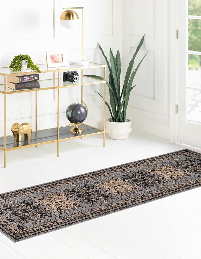 Unique Loom Taftan Collection Border Geometric Tribal Inspired Design Area Rug (2' 7 x 10' 0 Runner, Gray/ Black)