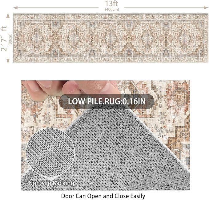 Enkor Runner Rugs for Hallway, 2.6x13 Washable Soft Non Slip Floor Rugs for Kitchen, Modern Mat for Living Room Bedroom Entryway Beige & Brown