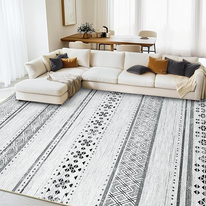 BESTSWEETIE 9x12 Area Rugs for Living Room Washable Moroccan Farmhouse Neutral Geometric Low Pile Non-Slip Soft Print Pattern Rug for Bedroom Kitchen Dining Room Entryway Grey/Black/Navy