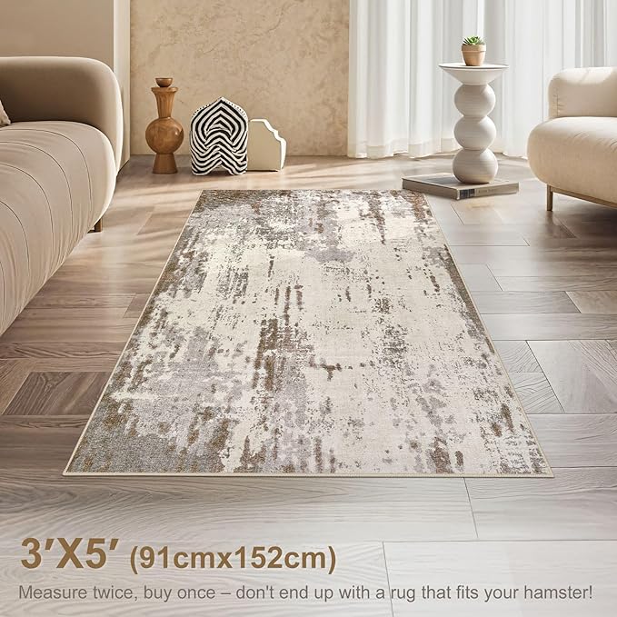 3x5 Area Rug Living Room Rugs - Washable Neutral Modern Abstract Soft Thin Rug Indoor Floor No Slip Rug Carpet for Bedroom Under Dining Table Home Office Decor - Brown/Grey/Beige