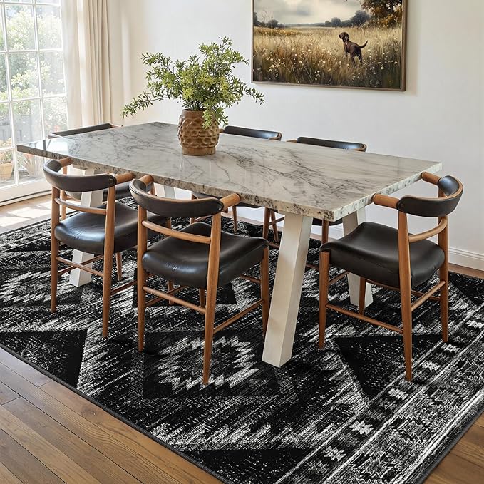 Area Rug 5x8 Rug Machine Washable Non-Slip Low Pile Print Pattern Western Rug for Living Room Bedroom Entryway Tribal Series-Black