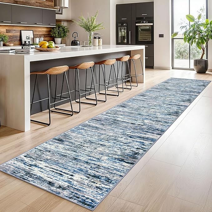 Modern Abstract Runner Rug 2.6x14, Grey Blue White Washable Long Kitchen Runner Non-Slip Soft Hallway Rug Runner Thin Print Faux Wool Carpet for Entryway Bedroom Laundry Room Indoor Home Decor