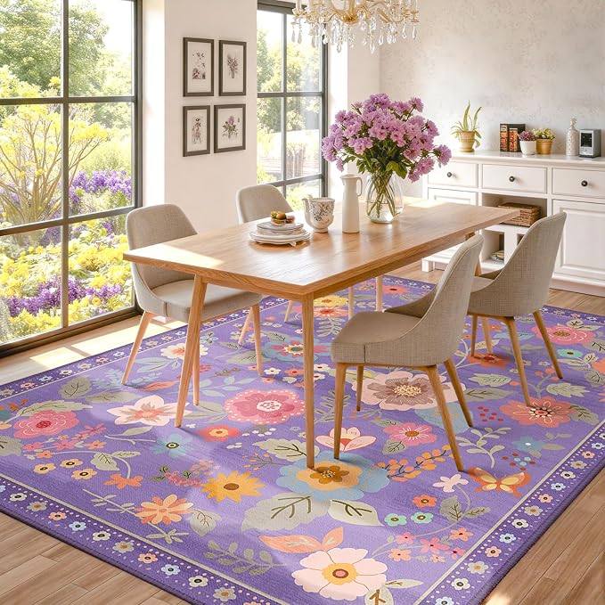 Floral 6x9 Area Rug Machine Washable Soft Print Boho Carpet Non Slip Doormat Low Pile Flower Area Rugs for Living Room Bedroom Nursery Kitchen Dining Room Indoor-Purple/Pink/Multi