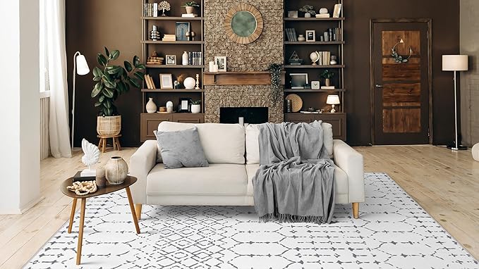 Lahome Moroccan 9x12 Washable Area Rug - Non-Slip Washable Ultra-Thin Soft Large Rug for Living Room, Modern Geometric Print Stain Resistant Carpet for Bedroom Dining Room, White