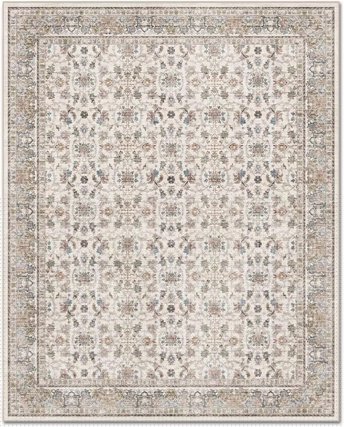Washable 4x6 Rugs for Living Room, Boho Non-Slip Vintage Distress Small Rugs for Bedroom Nursery Office, 0.3" Neutral Oriental Throw Thin Carpet with Cushioning Pad,Cream/Blue/Orange/Multi