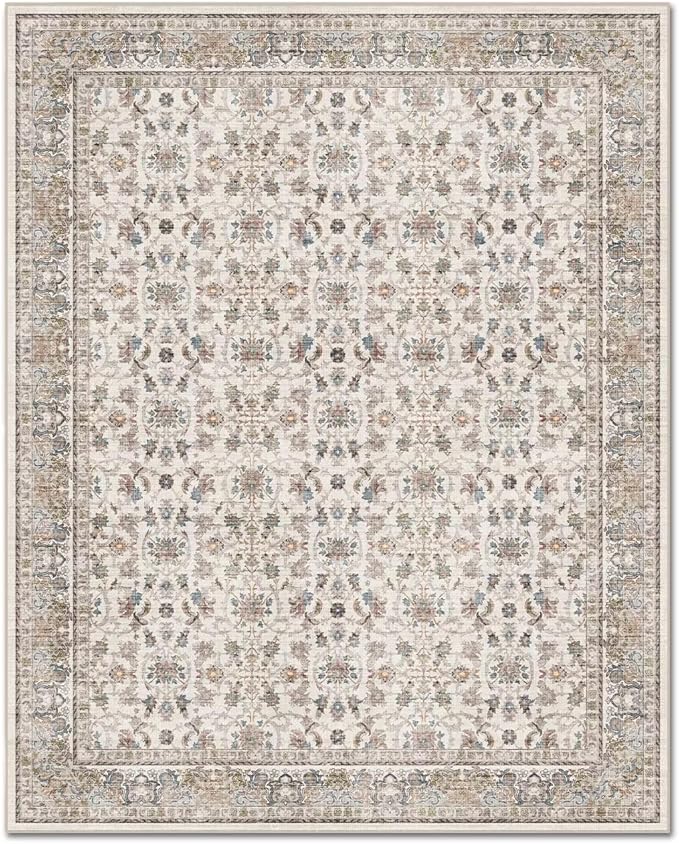 Washable 2x3 Entryway Rug, Boho Non-Slip Door Mat Vintage Distress Small Rugs for Kitchen Nursery Office Bedroom, 0.3" Neutral Oriental Throw Carpet with Cushioning Pad, Cream/Blue/Orange/Multi