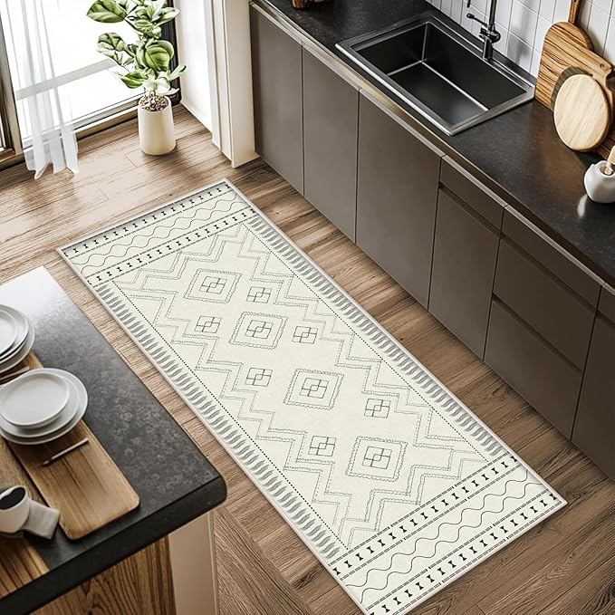 Beige White Runner Rug, 2.6x7ft Black Geometric Square Pattern Hallway Decor Rug - Modern Home Corridor & Foyer Accent Carpet, Non-Slip Mat Washable Rugs, Stylish Carpet for Hallway Spaces