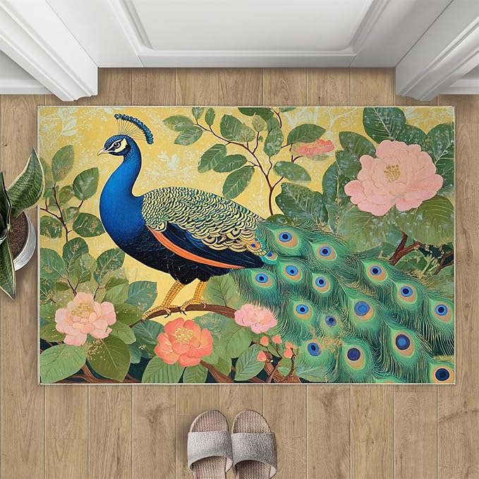 Peacock Peony Rugs for Bedroom - 3x4 Rug, Peacock Decor Area Rugs for Living Room, Peony Flower Carpet, Floral Animal Washable Area Mat, Aesthetics Carpet - Peafowl Home Decor & Gifts