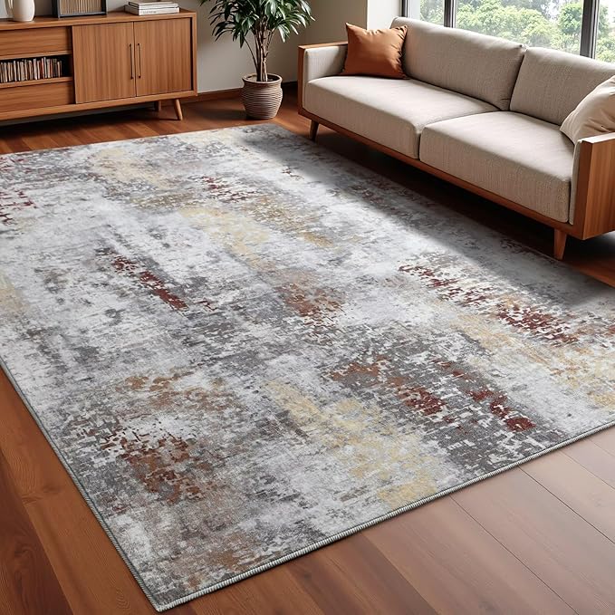 Washable Abstract Rug, 6x9 Modern Area Rugs with Non-Slip Rubber Backed for Living Room, Thin but Soft Contemporary Carpet Kitchen Bedroom Dining Room Decor, Rusty Brown