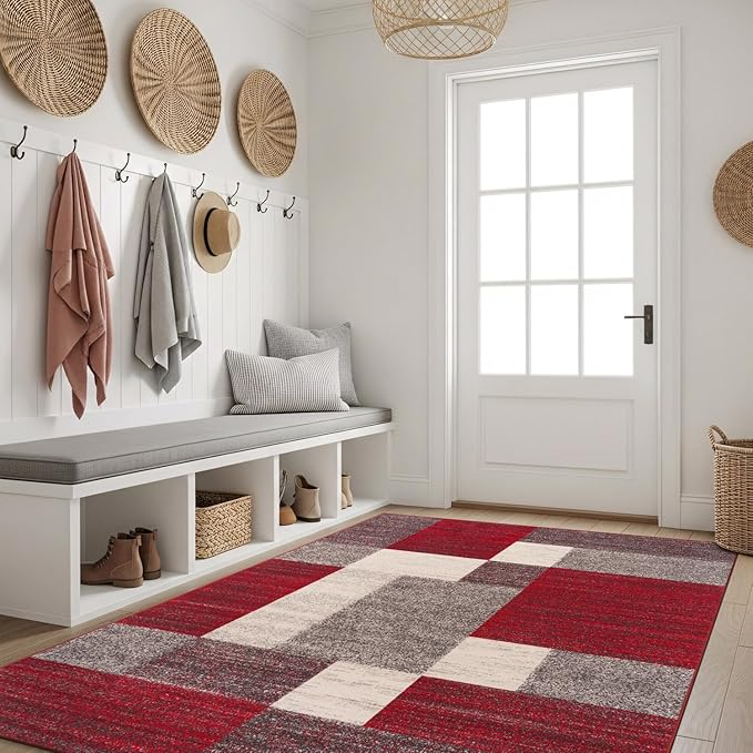 Rugshop Red Modern Geometric Boxes Non-Slip Area Rug Non-Shedding for Living Room, Bedroom and Dining Area, 5'3" x 7'3"