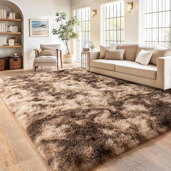 Soft Shaggy Rugs Fluffy Rug, Plush Area Rugs for Living Room Nursery Home Decor, Tie-Dyed Brown Anti-Skid Rectangular Fuzzy Rug 5x7 Feet