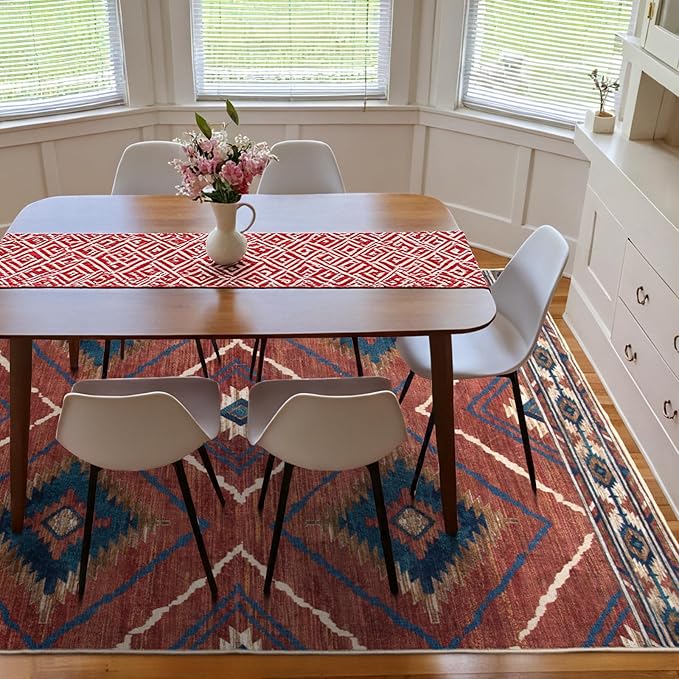 Area Rug 2x4 Rug Machine Washable Non-Slip Low Pile Print Pattern Western Rug for Living Room Bedroom Entryway Tribal Series-Red/Orange