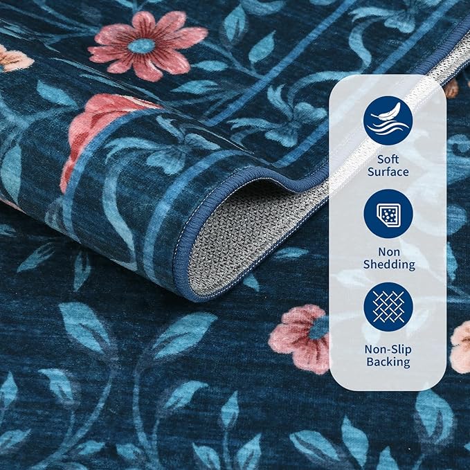 GarveeHome Washable Runner Rug 2x6 Non Slip Hallway Runners Stain Resistant Low Pile Floral Runner Rugs for Kitchen Soft Long Entryway Runner Rugs Blue Boho Throw Carpet for Bedroom Nursery, 2x6