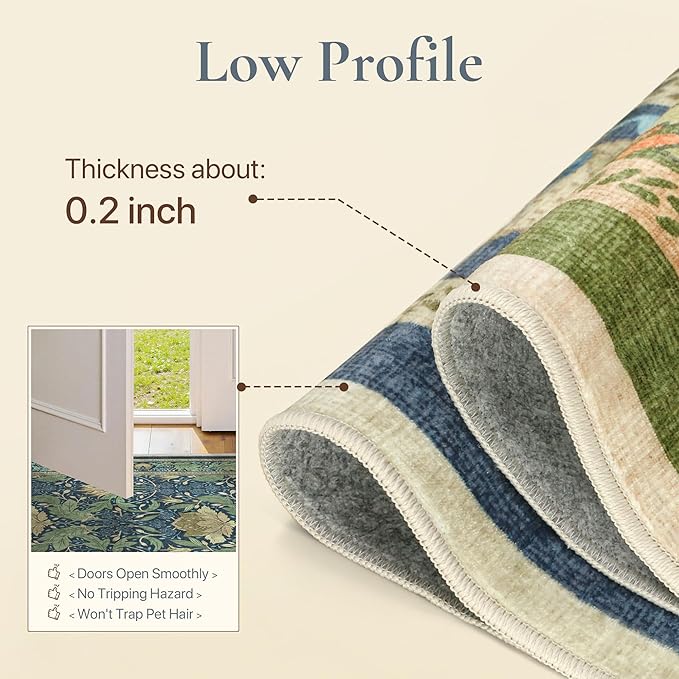 Bavni 8x10 Area Rugs, Floral Machine Washable Rugs for Living Room, Dinning Room, Bedroom, Non Slip Aesthetic Vintage Low Pile Durable Lightweight Farmhouse Rug, Tea Green/Blue
