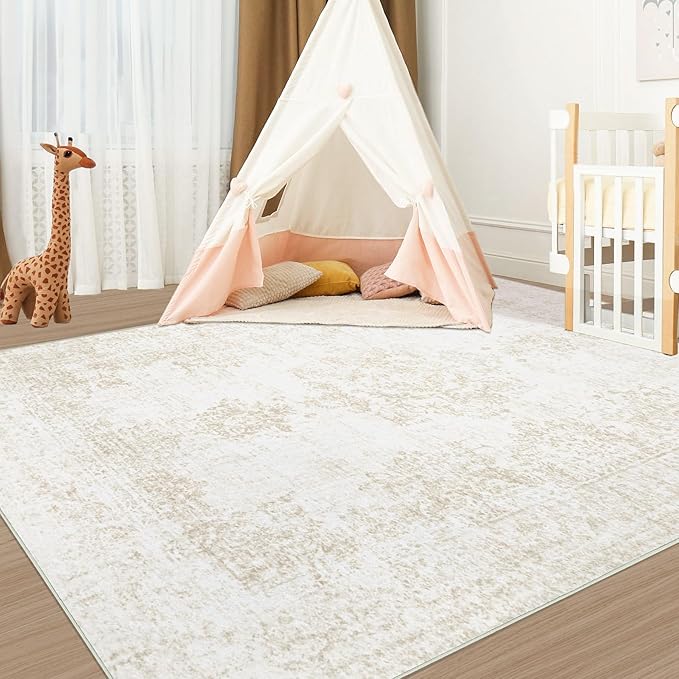 Vintage Living Room Area Rug - 6x9 Large Machine Washable Boho Moroccan Rug Distressed Farmhouse Rugs for Bedroom - Soft Non-Slip Indoor Carpet for Dining Room Office Nursery(Ivory, 6'x9')