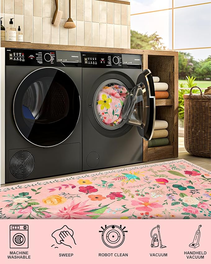Area Rug 9x12, Washable Large Rugs for Living Room, Non Slip 0.27" Low Pile Vintage Floral Large Carpet for Bedroom, Dining Room, Kids Playroom (Pink)