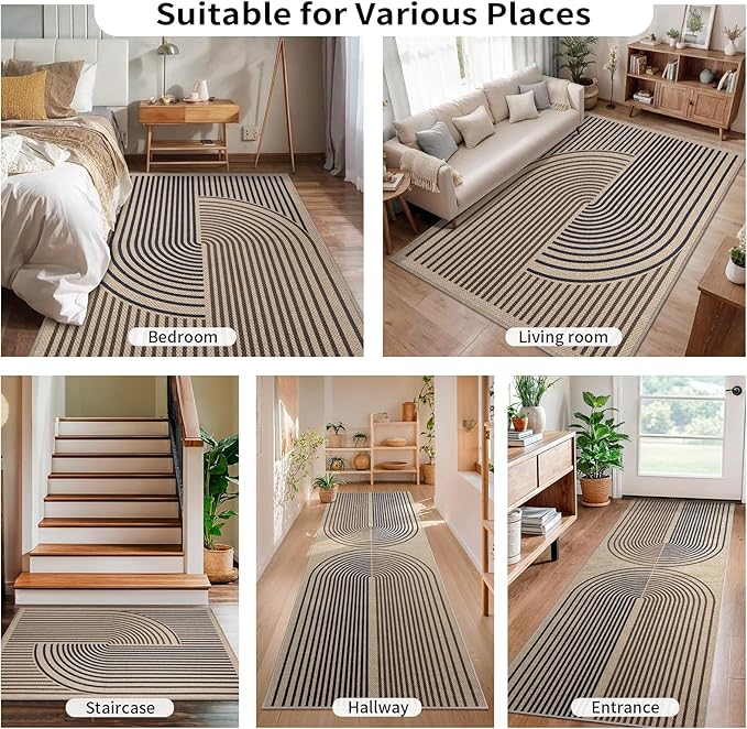 Tangsoo Rainbow Easy Jute Rug 2.6x10 Washable Runner Rug for Hallways,Non-Slip Thin Black Outdoor Rug,Modern Farmhouse Carpet for Porch Laundry Bedroom Living Room Entryway
