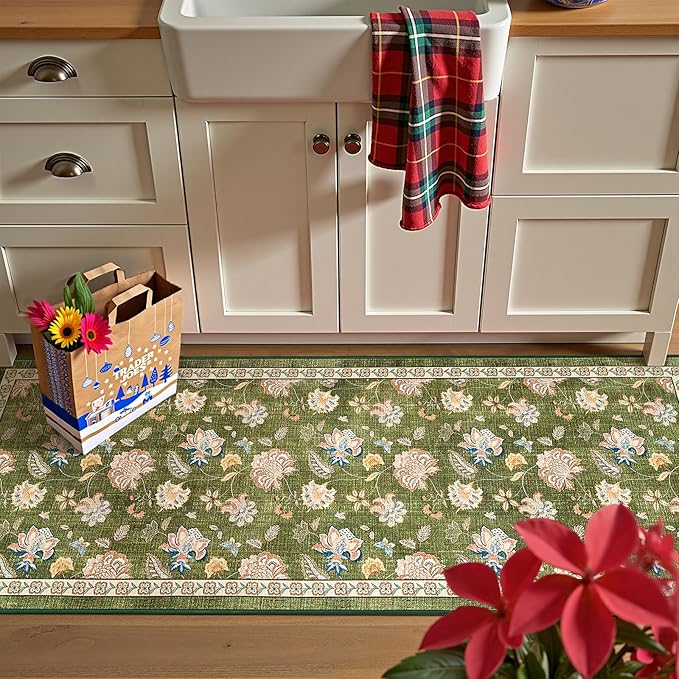 jinchan Elora 2x5 Floral Runner Rug for Hallway Washable Kitchen Runner Vintage Romance Design Non Slip Thin Indoor Floor Cover Low-Profile Throw Carpet for Entryway Bathroom Bedroom Porch, Green