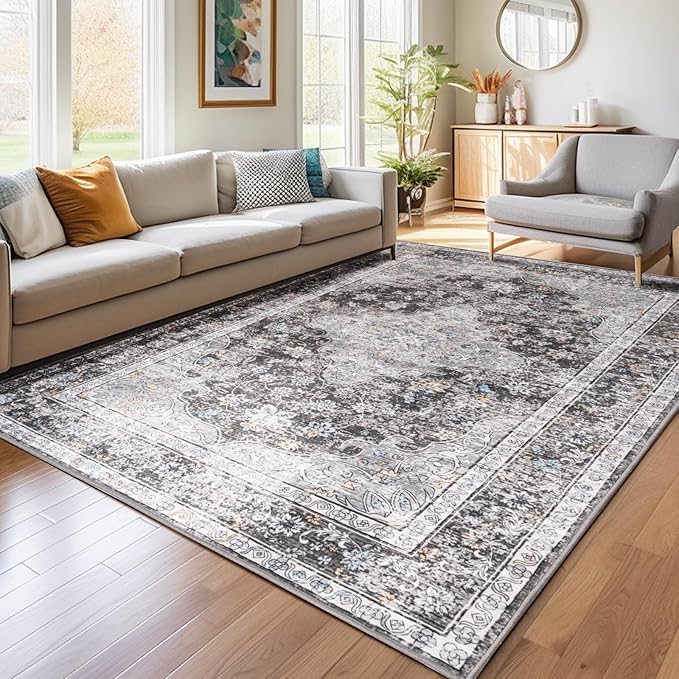 Area Rug - 9x12 Large Dining Room Rug Soft Living Room Mat, Vintage Washable Indoor Floor Throw Carpet for Bedroom, Playroom, Home Office (Dark Grey)