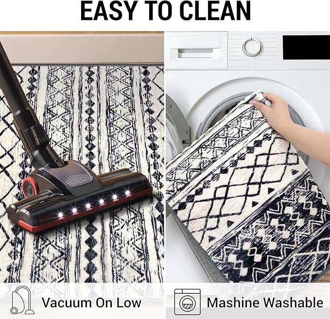 KUTA Boho Runner Rug for Hallway 2.6x14 Moroccan Washable Black Navy Blue Rugs Non-Slip Vintage Long Kitchen Runners Soft Geometric Floor Carpet for Bedroom Laundry Living Room
