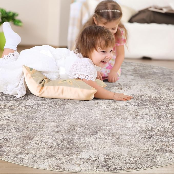 6ft Round Area Rug Living Room Rugs - 6x6 Washable Large Soft Indoor Neutral Modern Abstract Low Pile Rug Carpet for Bedroom Dining Room Farmhouse Home Office - Brown