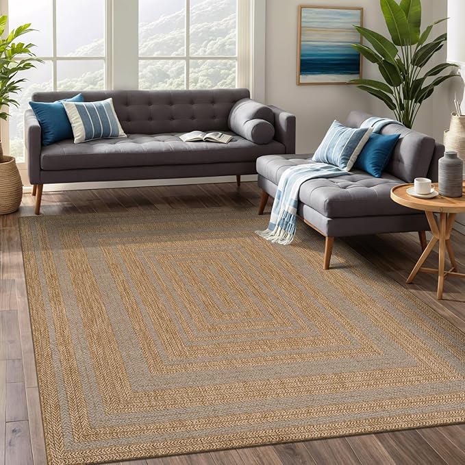 Beverly Rug Easy Jute Framed Border Rug 4x6 Washable Durable Indoor Outdoor Area Rugs for Living Dining Room Patio Office Stain Resistant Non Shedding Casual Indoor Outside Carpet 4 x 6 Natural