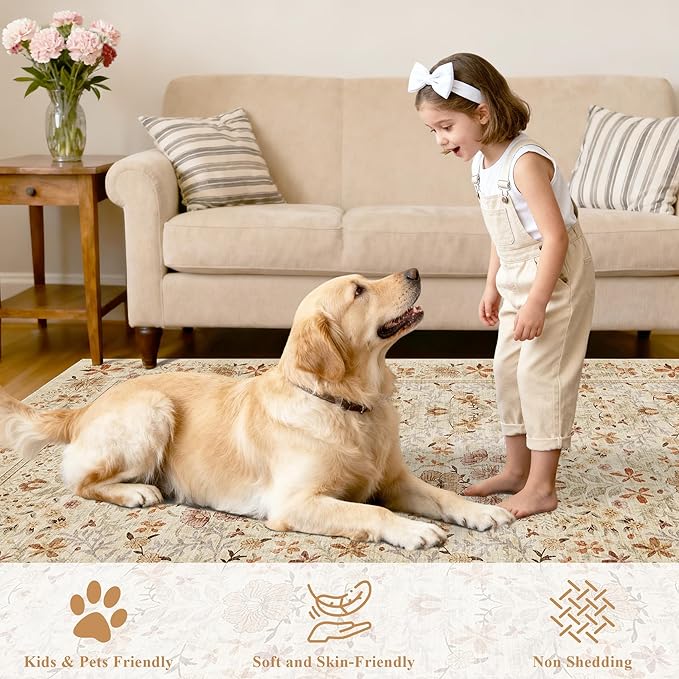 DUKINO 2.6x8 Runner Rug for Hallway, Washable Vintage Floral Kitchen Rug with Non Slip Backing, Soft Low Pile Throw Carpet Runner for Kitchen, Laundry, Hallway, Bathroom, Beige