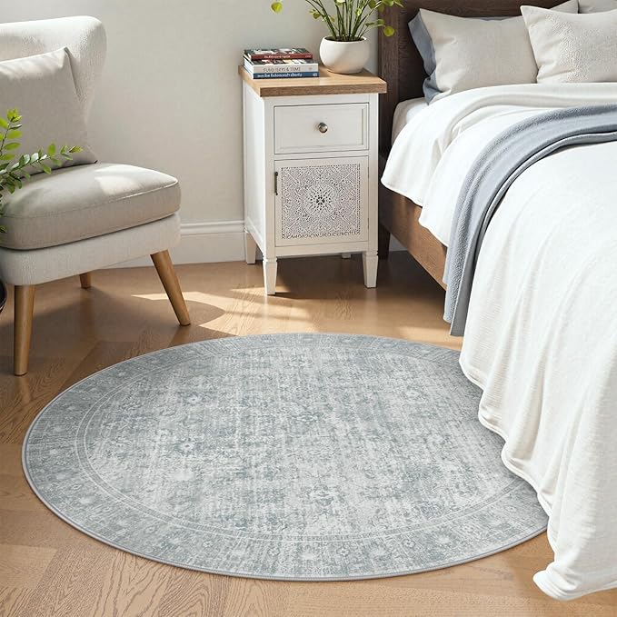 LIVEBOX Washable Area Rug 4ft Boho Round Rug Traditional Rugs for Bedroom, Ultra-Thin Retro Carpet Grey Print Distressed Accent Circle Rugs for Nursery Room Entryway Foyer