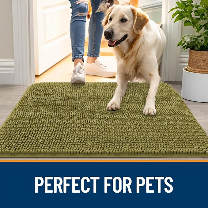 OLANLY Dog Door Mat for Muddy Paws 36x24, Absorbs Moisture and Dirt, Absorbent Non-Slip Washable Doormat, Quick Dry Chenille Mud Mat, Entry Indoor Entryway Carpet for Inside Floor, Willow Green