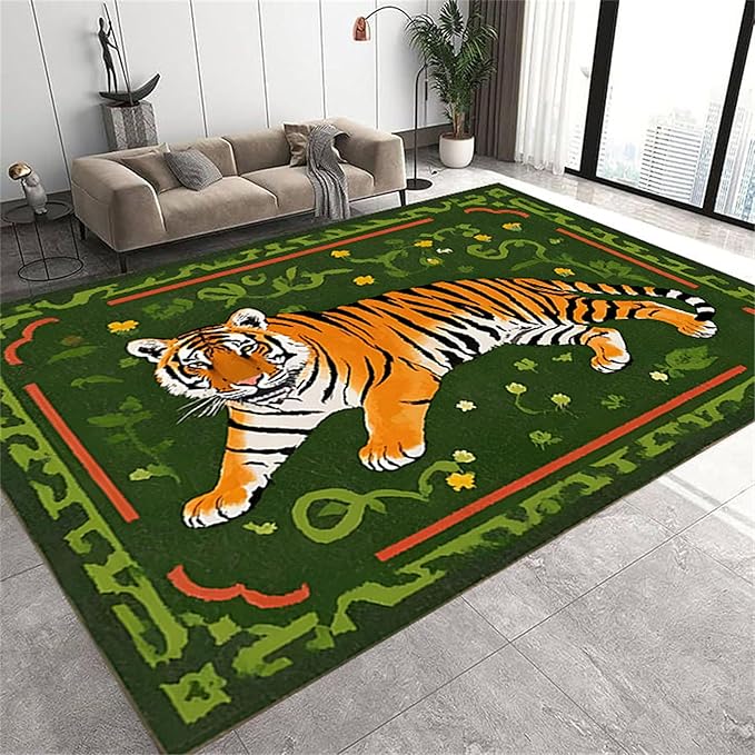 Jungle Tiger Area Rug,3x5ft, Cozy Jungle Style Tiger Print Area Rug Surrounded by Green Plants and Yellow Flowers Washable Animal Rug for Farmhouse Living Room Bedroom Kitchen Kids Room Decor
