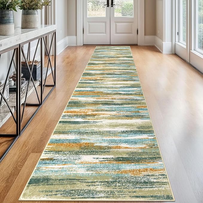Modern Abstract Runner Rug 2.6x12, Green Mustard Multi Washable Long Kitchen Runner Non-Slip Soft Hallway Rug Runner Thin Print Faux Wool Carpet for Entryway Bedroom Laundry Room Indoor