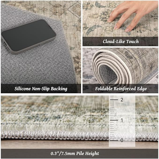 Washable 5x7 Area Rugs for Living Room, Boho Non-Slip Vintage Distress Rugs for Bedroom Dining Room Nursery Office, 0.3" Neutral Oriental Throw Thin Carpet with Cushioning Pad, Flaxen/Brown/Multi