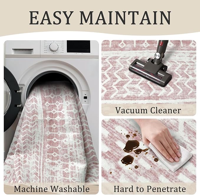 4x6 Machine Washable Area Rug for Living Room, Pink Vintage Moroccan Rug Large Non-Slip Low Pile Soft Faux Wool Carpet, Kids and Pets Friendly for Bedroom Dining Room Farmhouse Home Decor Rug