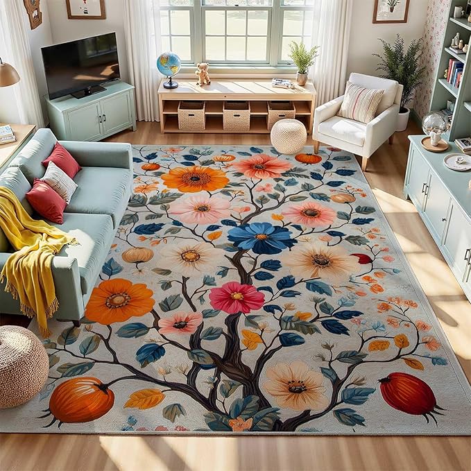 8x10 Colorful Flower Area Rugs, Floral Vintage Large Rugs, Floral Rugs, Botanical Rug, Washable Boho Botanical Non Slip Carpet for Living Room, Bedroom, Kids Room