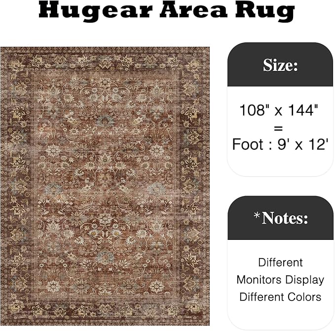 HUGEAR 9x12 Machine Washable Rugs Brick Red Hallway Large Area Rug Indoor Accent Rug Floral Low Pile Carpet Soft Throw Aesthetic Rug Bedroom Living Room Office Dining Room Kitchen Laundry Room