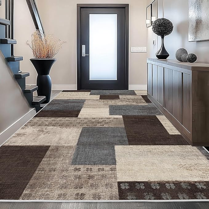Modern Geometric Patchwork Indoor Area Rug for Living Room, Blue-Taupe 6'x 9' Large Rug Rockwood Collection Hardwood Floors Decor for Bedroom, Blue Throw Carpet for Office Entryway Dining Room