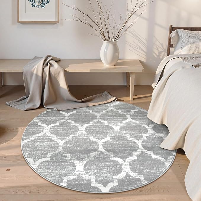 Lahome Moroccan Round Area Rug - 3' Diameter Faux Wool Non-Slip Area Rug Small Accent Distressed Throw Rugs Floor Carpet for Door Mat Entryway Bedrooms Laundry Room Decor (Round - 3' Diameter, Gray)