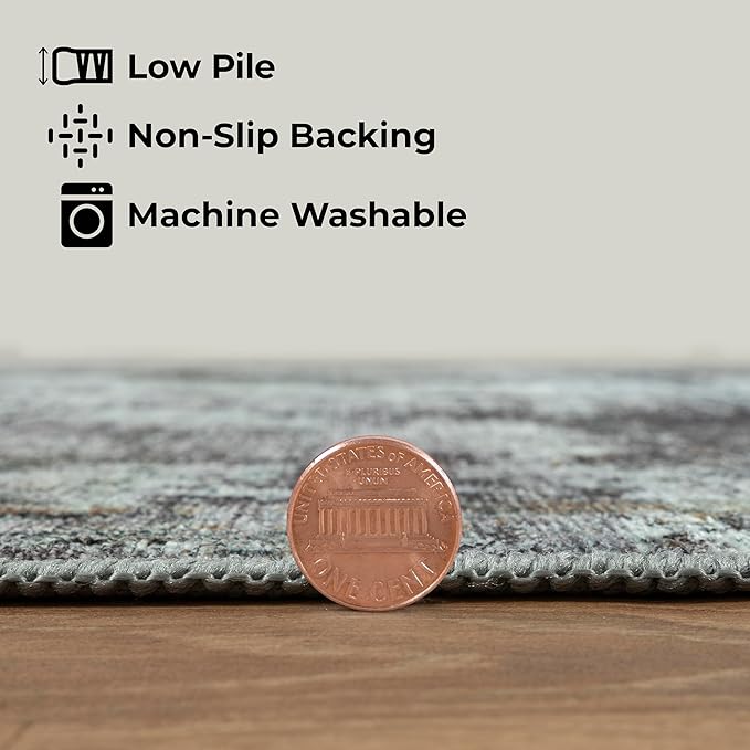 GLN Rugs Contemporary Collection - Machine Washable Area Rug, Contemporary Washable, Non Slip, Low Pile Chenille Rug, Living Room, Bedroom, Kitchen Rug (5'3" Round Grey/Green)