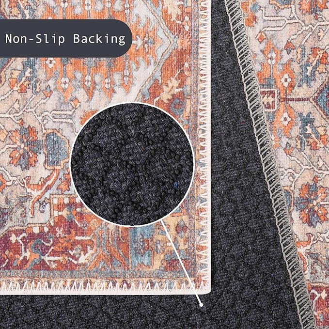 GLN Rugs Traditional Collection - Machine Washable Area Rug, Traditional Washable, Non Slip, Low Pile Chenille Rug, Living Room, Bedroom, Kitchen Rug (3' x 5' Cream/Terra)