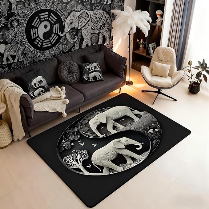 Elephant Area Rug 3x5 Bohemian Style Rugs for Living Room | Antique Decor Yin and Yang Washable Rug, Western Animals Carpet Indoor Floor Mat,Black Grey Beige