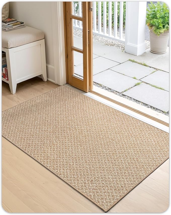 Color&Geometry Ultra Thin Indoor Door Mat Non Slip Rubber Backed Dirt Trapper 36"x56"(Rolled-up NO Creases), Rugs for Entryway, Front Door Mat Indoor Washable Low-Profile Entry Mat, Khaki