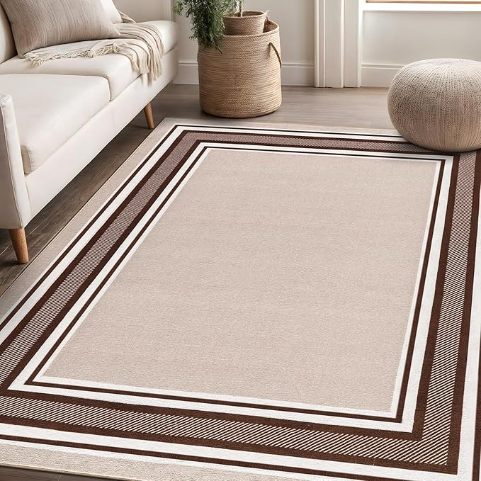 Beverly Rug Non Slip Area Rugs 5x7 Modern Bordered Non Skid Rubber Backing Soft Area Rug for Living Dining Room Easy to Clean Non Shedding Kitchen Bedroom Indoor Carpet 5 x 7 Beige-Brown