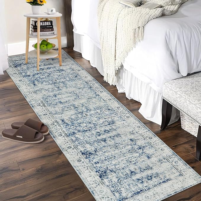 Morebes Vintage Washable Laundry Room Rugs and Mats,2.5x8 Blue Runner Rug Non Slip,Long Runner Rug for Entryway Indoor, Distressed Throw Rug Indoor Entrance Floor Carpet Runner, Blue