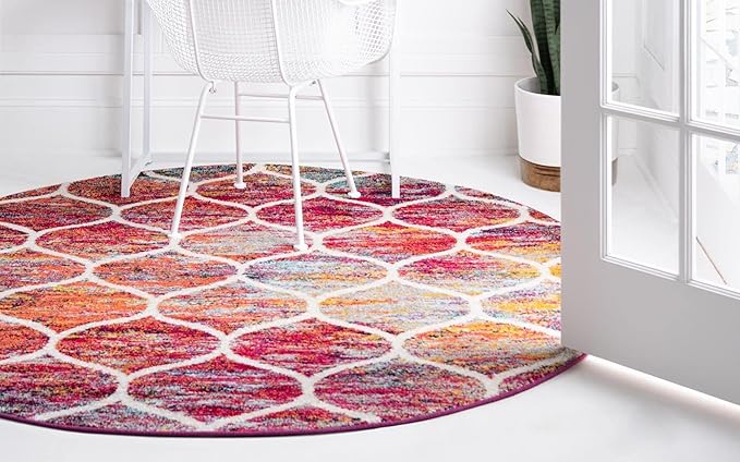 Rugs.com Lattice Frieze Collection Rug – 3' Round Multi Medium Rug Perfect for Kitchens, Dining Rooms