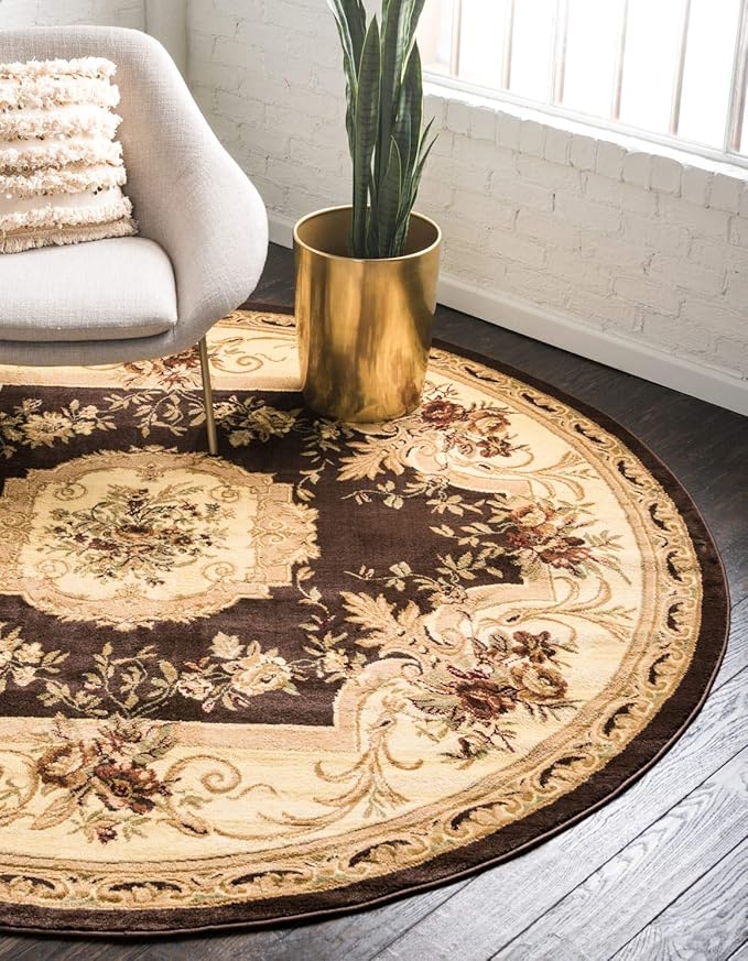 Unique Loom Versailles Collection Traditional Classic Floral Motif Area Rug (8' 0 x 8' 0 Round, Brown/ Ivory)
