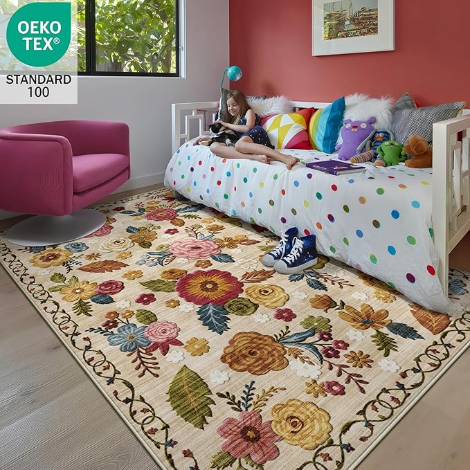 5x8 Machine Washable Area Rug for Living Room, Beige Vintage Boho Floral Rug Large Non-Slip Low Pile Soft Faux Wool Carpet, Kids and Pets Friendly for Bedroom Dining Room Farmhouse Home Decor Rug