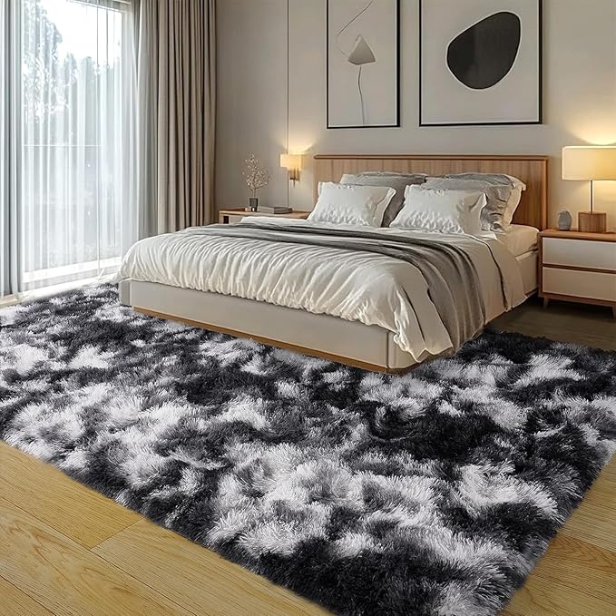 Plush Rug for Living Room Shaggy Area Rug High Pile Fuzzy Rug Non-Slip Indoor Floor Carpet Plush Area Rugs for Living Room Tie Dye Black White 5x7