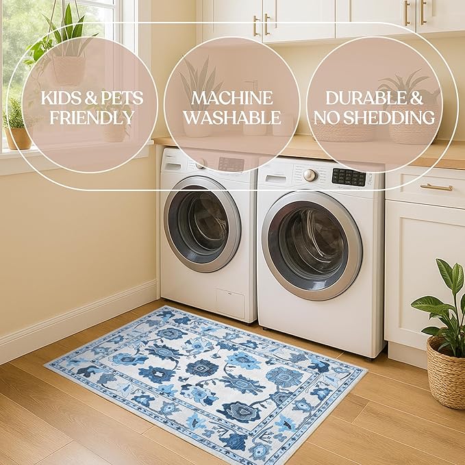 Fame Living Navy Blue Oushak Runner Rug, Modern Runners, Vintage, Turkish, Eclectic, Floral, Pastel, Washable, Runner for Hallway, Kitchen, Bedroom, Bathroom, 2'5"x9'8"
