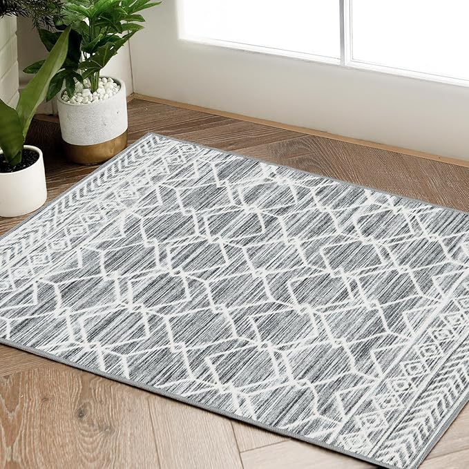 jinchan Moroccan 2x3 Rug for Entryway - Machine Washable Rug Modern Geometric Kitchen Non-Slip Indoor Doormat Ultra-Thin Carpet for Entrance Bathroom Bedroom Living Room (2x3ft, Grey)